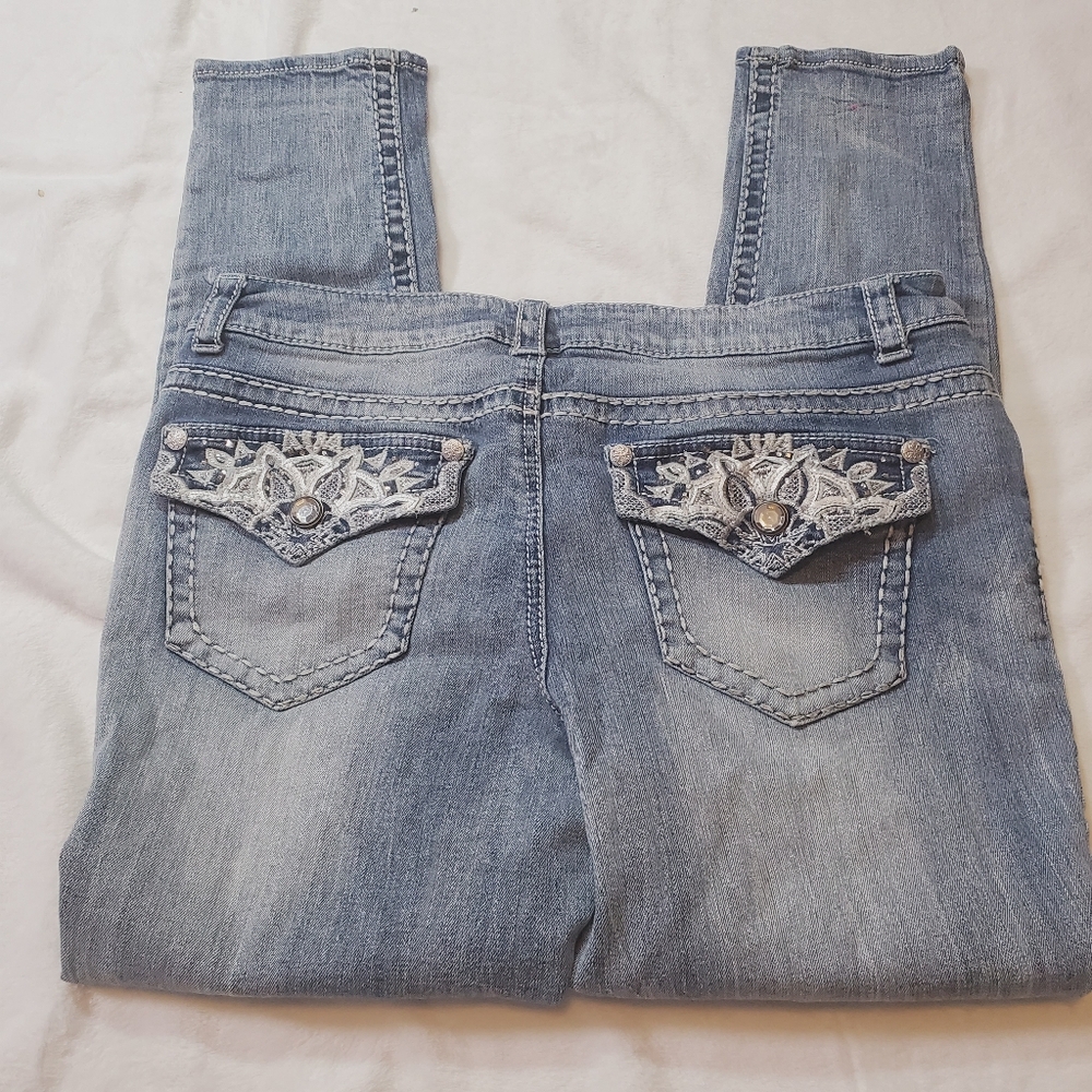 Paisley Sky Y2k Thick Stitch Embellished Pocket Jeans Skinny 37x29 Size 16 - Picture 3 of 4